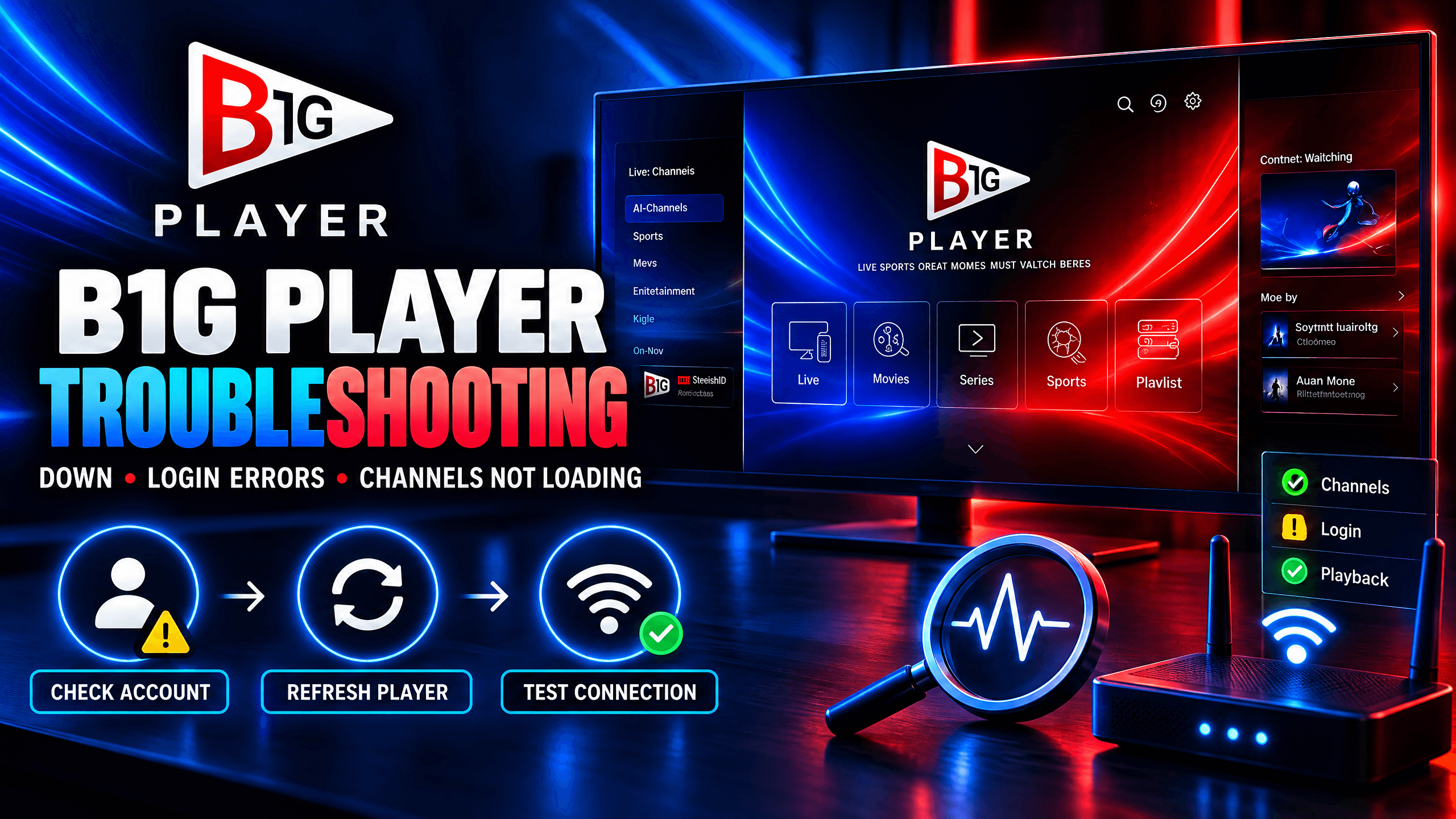B1G IPTV Player troubleshooting guide for login errors and channels not loading