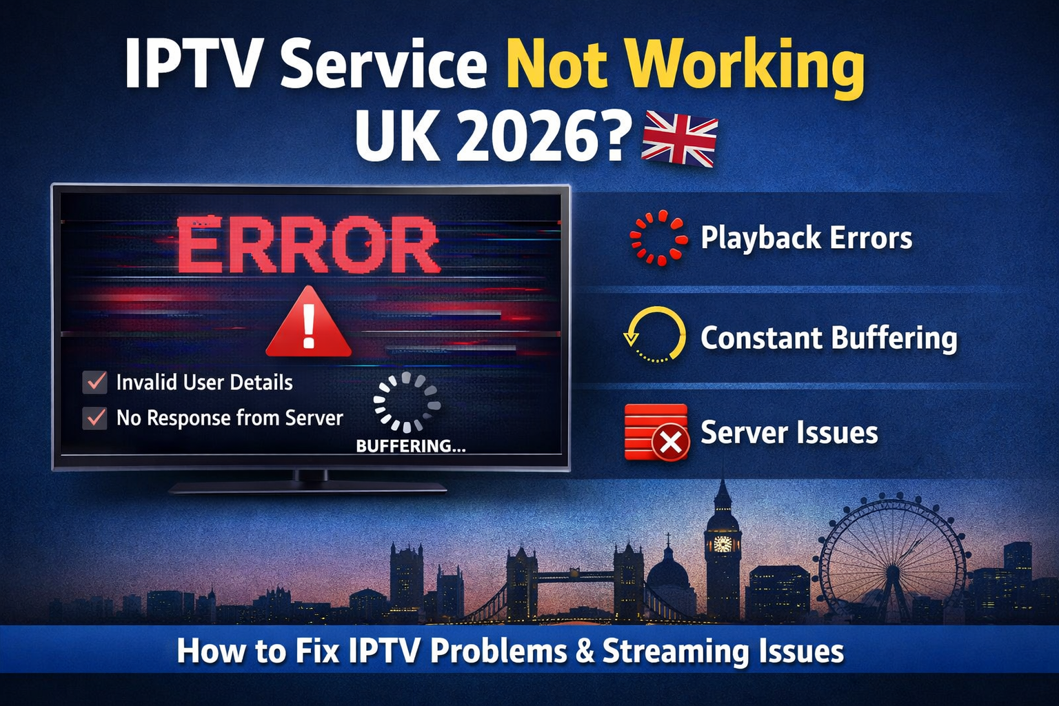 IPTV service not working in the UK 2026 showing playback error, buffering, and server issues on TV screen