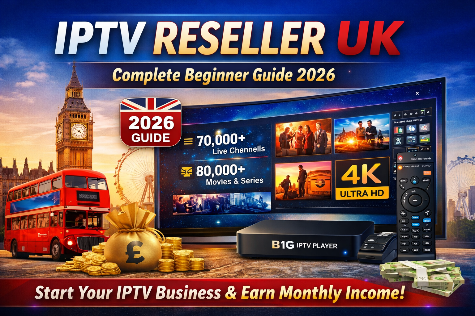 Illustration showing IPTV reseller setup and streaming dashboard representing how to start an IPTV reseller business in the UK in 2026