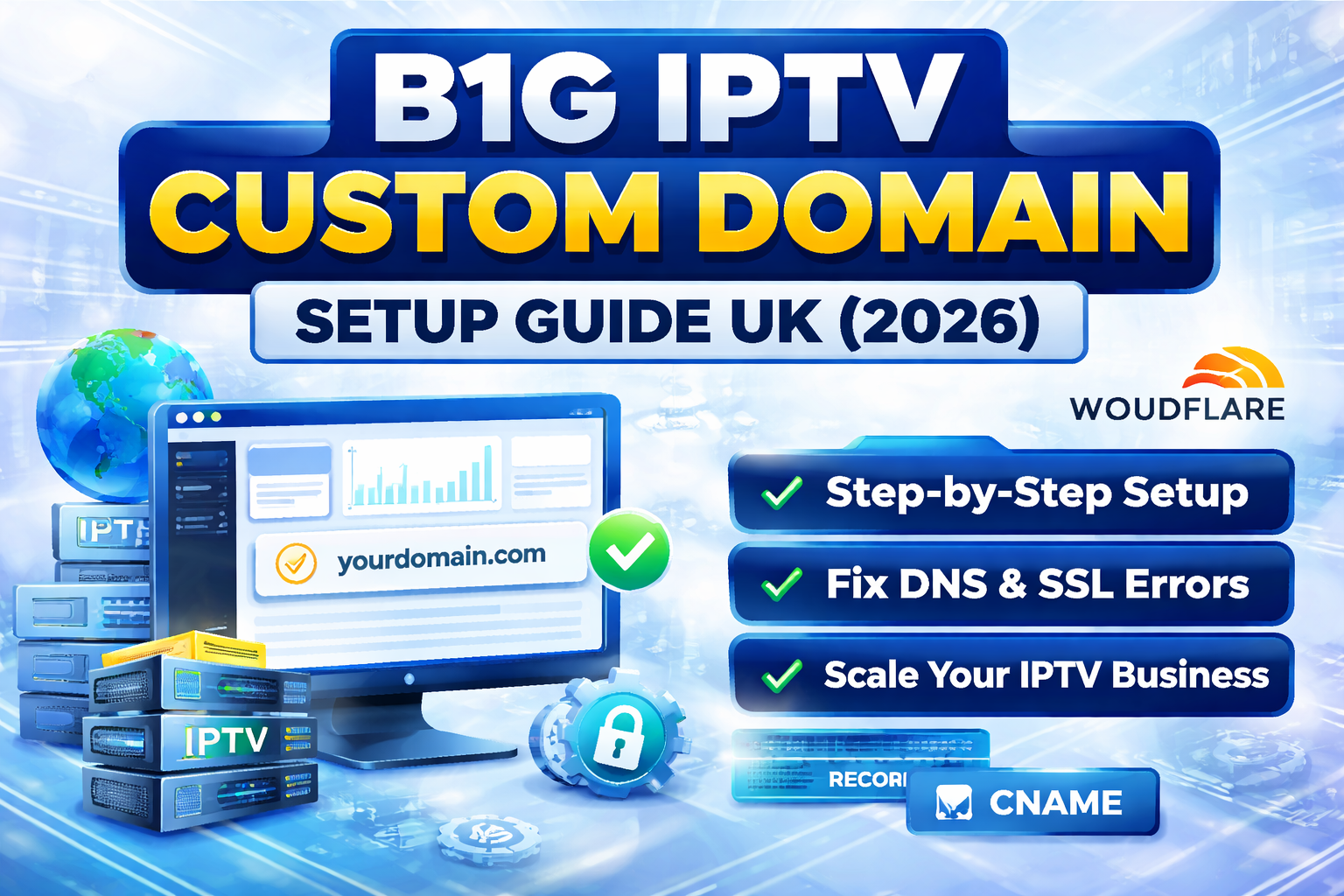 B1G IPTV custom domain setup guide UK showing DNS, Cloudflare and SSL configuration for IPTV reseller panel